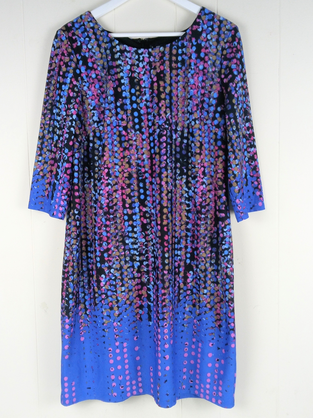 Leslie Fay Confetti Print Sheath Knit Dress Size 16 Blue Multi Zip 3/4 Sleeves
